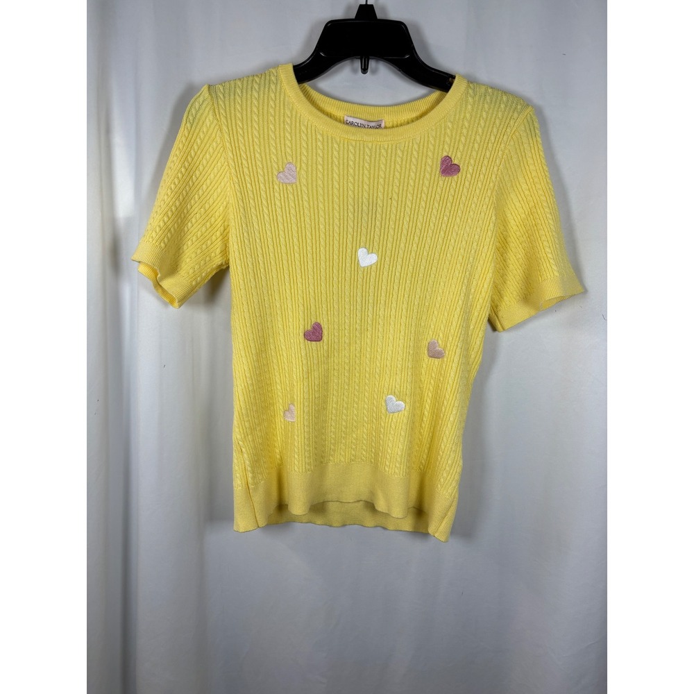 Carolyn Taylor Womens Yellow Cable Knit Heart Embroidered Short Sleeve Sweater L